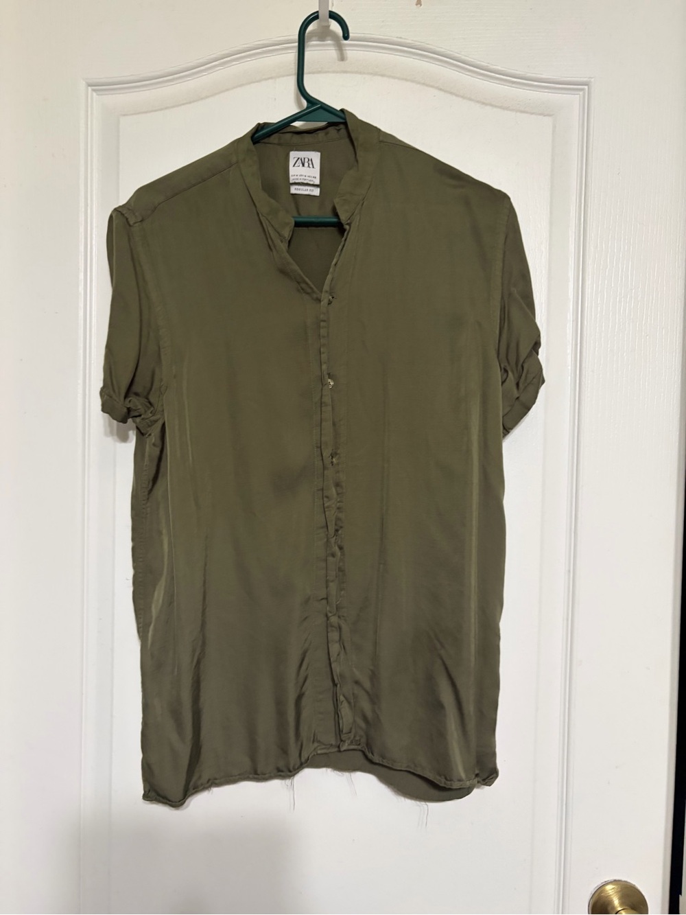 Zara Olive Green Short-Sleeve V-Neck Blouse